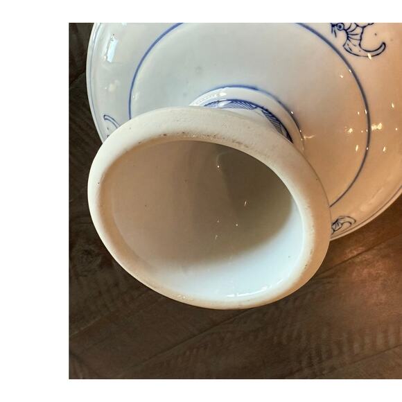 Antique Kangxi Blue And White Porcelain Lotus Pedestal Dish 8"x4" Flower Bats - Picture 5 of 7